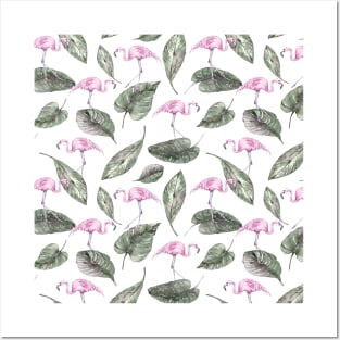 Watercolor Flamingo Tropical Pattern Posters and Art